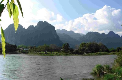 View outside of the restaurant shown above - The karst hills of Vang Vieng.